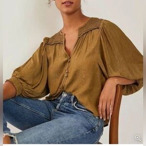 Anthropologie Cacee Jacquard Blouse Med Puff Sleeve Button Smocked Blouse
